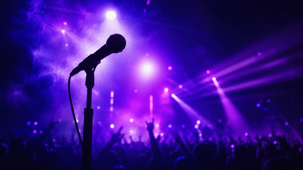 Stage lights with a microphone silhouette.