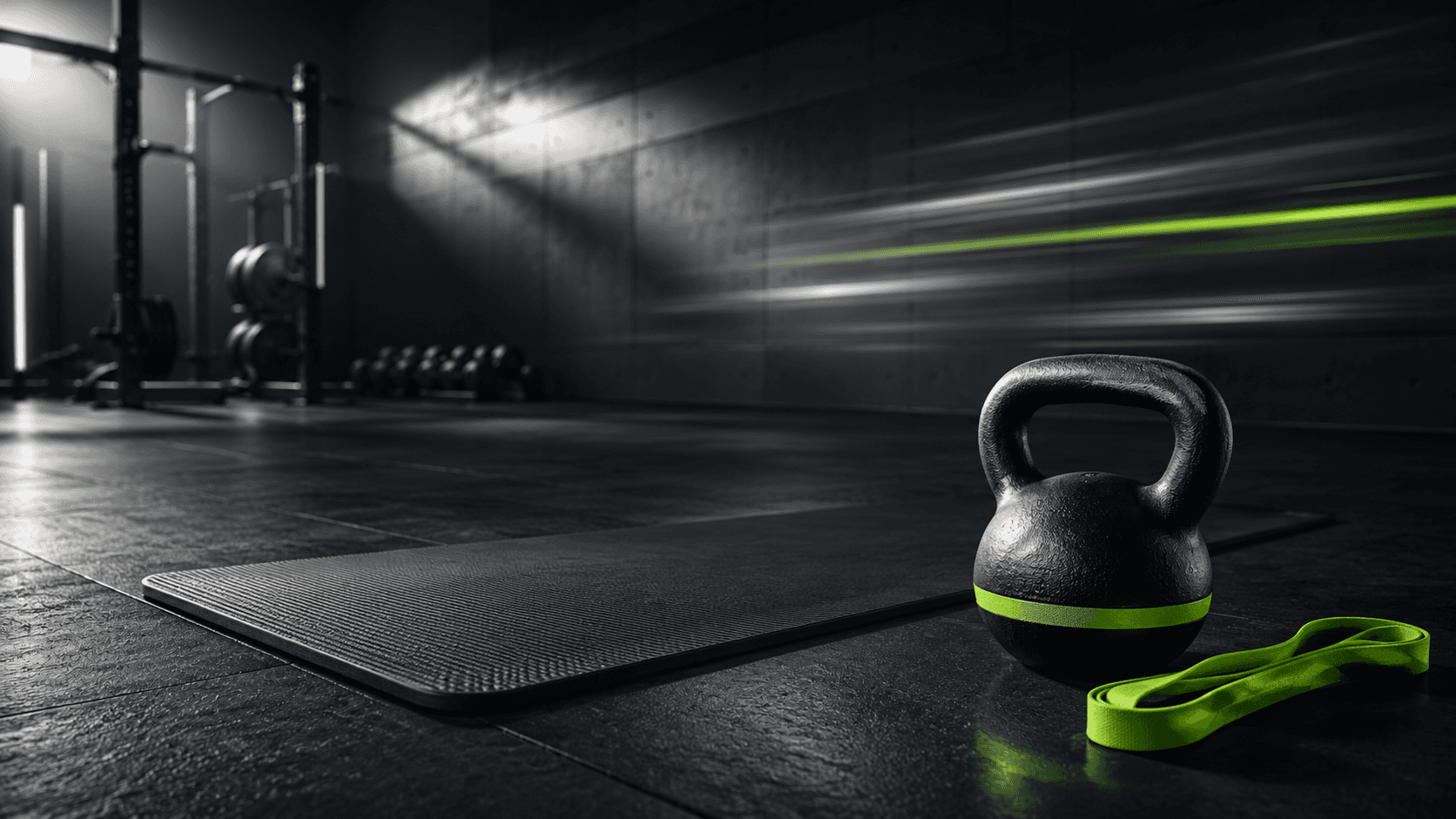 Training session scene with mat, kettlebell, and movement lines.