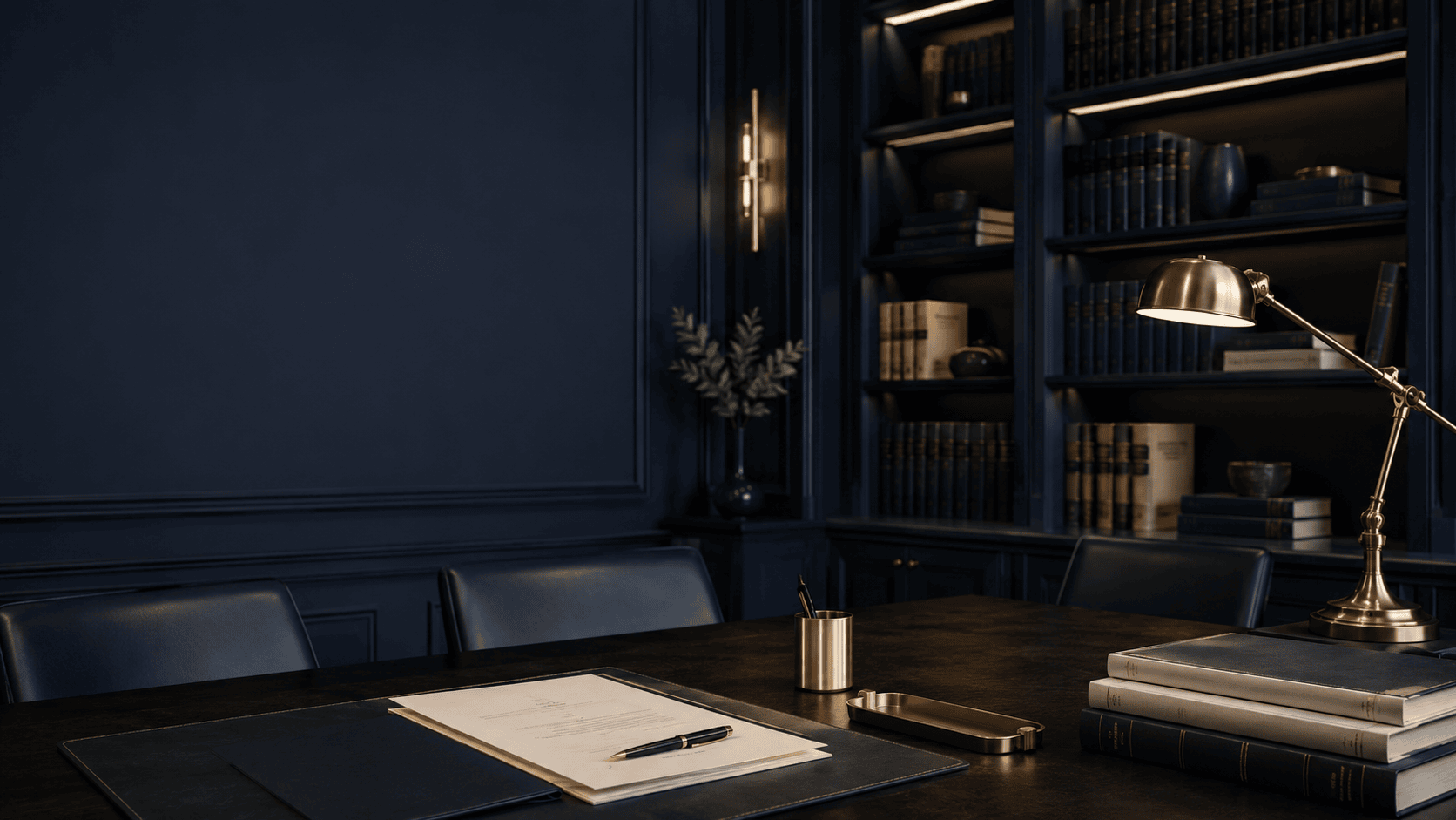 Formal legal library and conference table with no real firm branding.