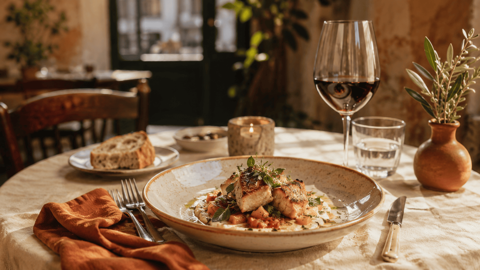 Restaurant table with plated dish and warm lighting.