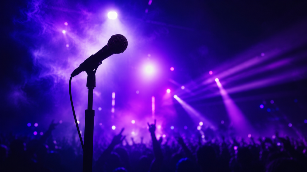 Stage lights and microphone silhouette.